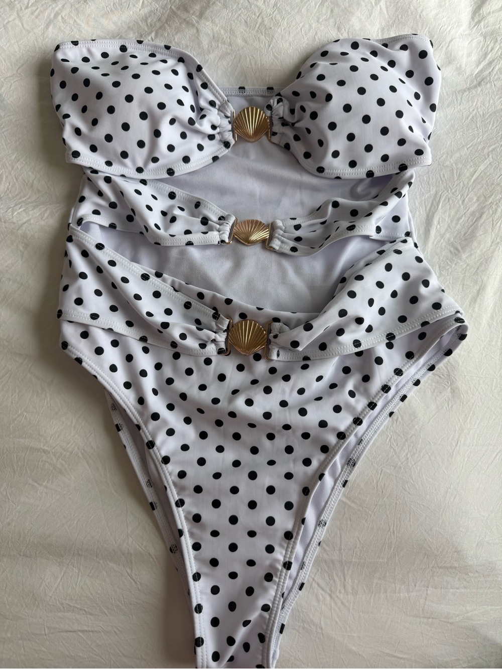Polka Dot Cutout One-Piece Swimsuit in White with Black Dots